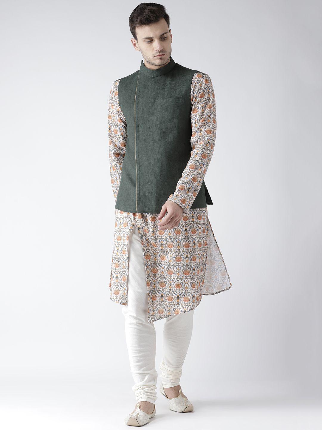 kisah men beige printed churidar kurta with nehru jacket