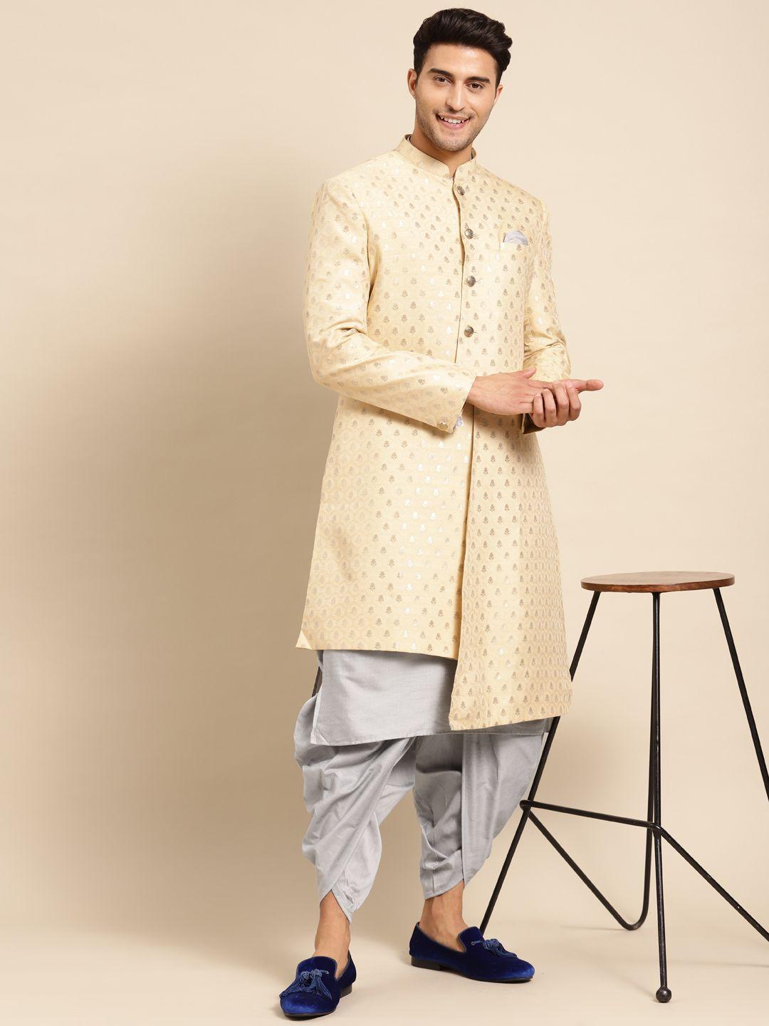 kisah men beige printed cotton sherwani set