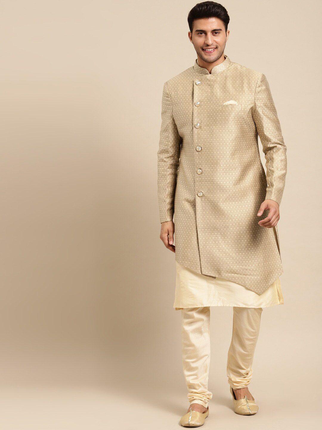 kisah men beige solid cotton  sherwani