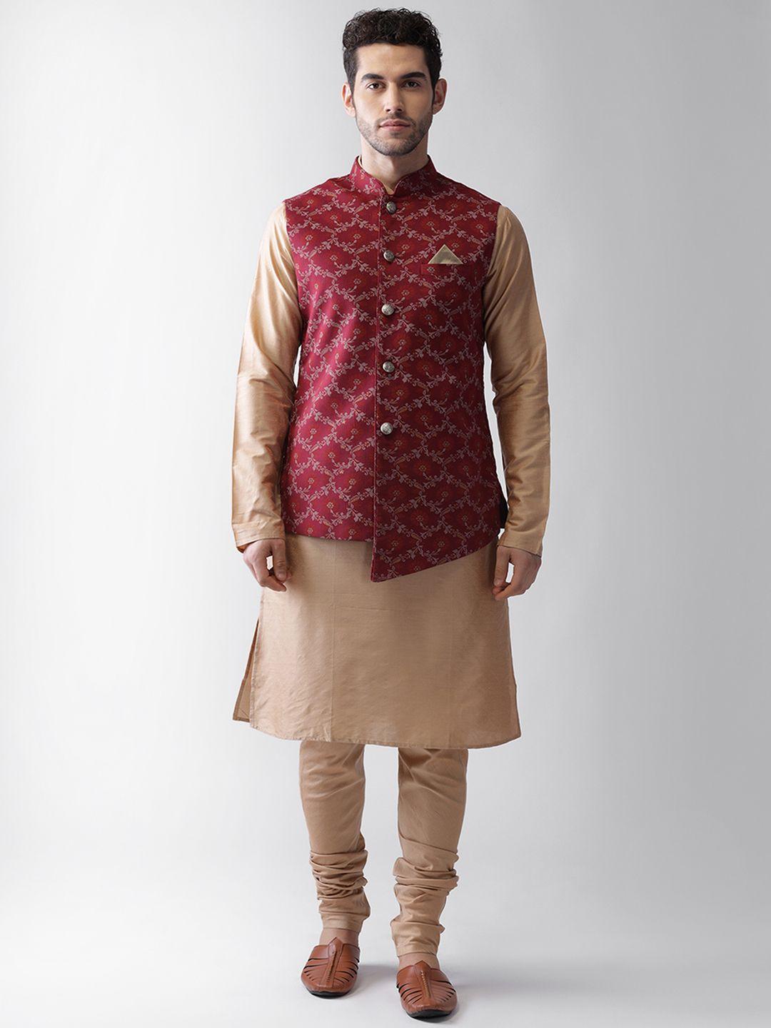 kisah men beige solid straight kurta with churidar & asymmetric nehru jacket