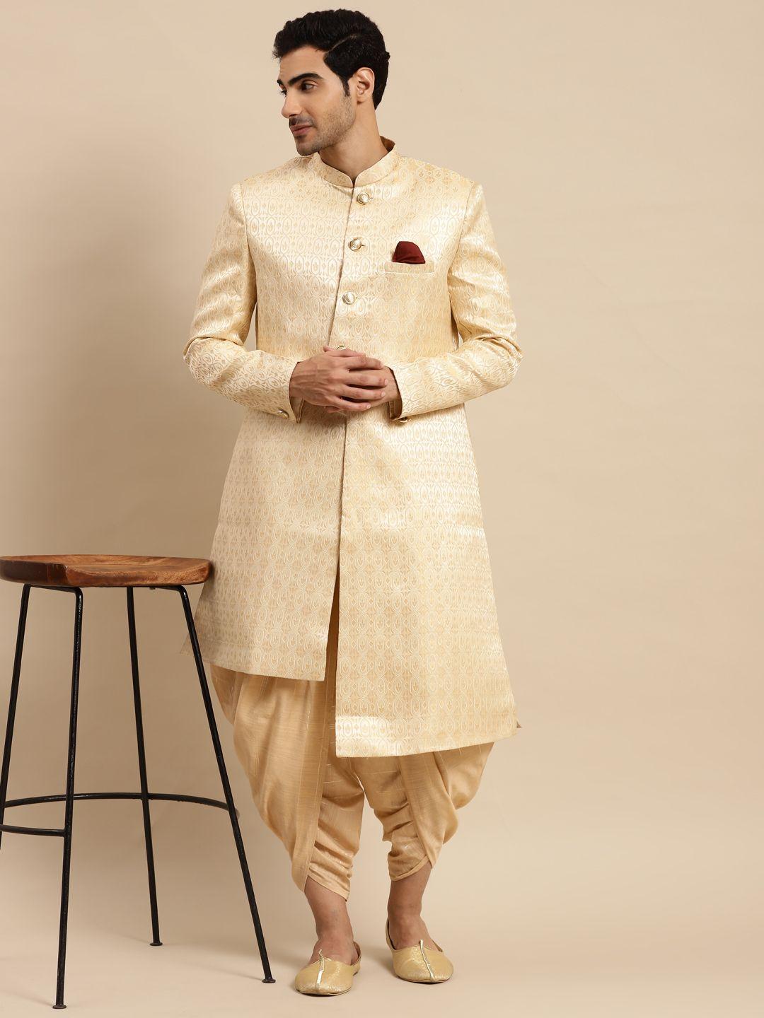kisah men beige woven design sherwani set