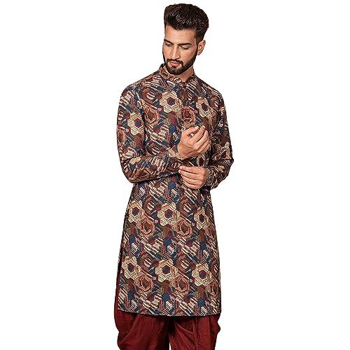 kisah men berry ethnic motifs printed mandarin collar straight kurta full sleaves, knee length, straight, regular fit, mandarin collar ethnic wear