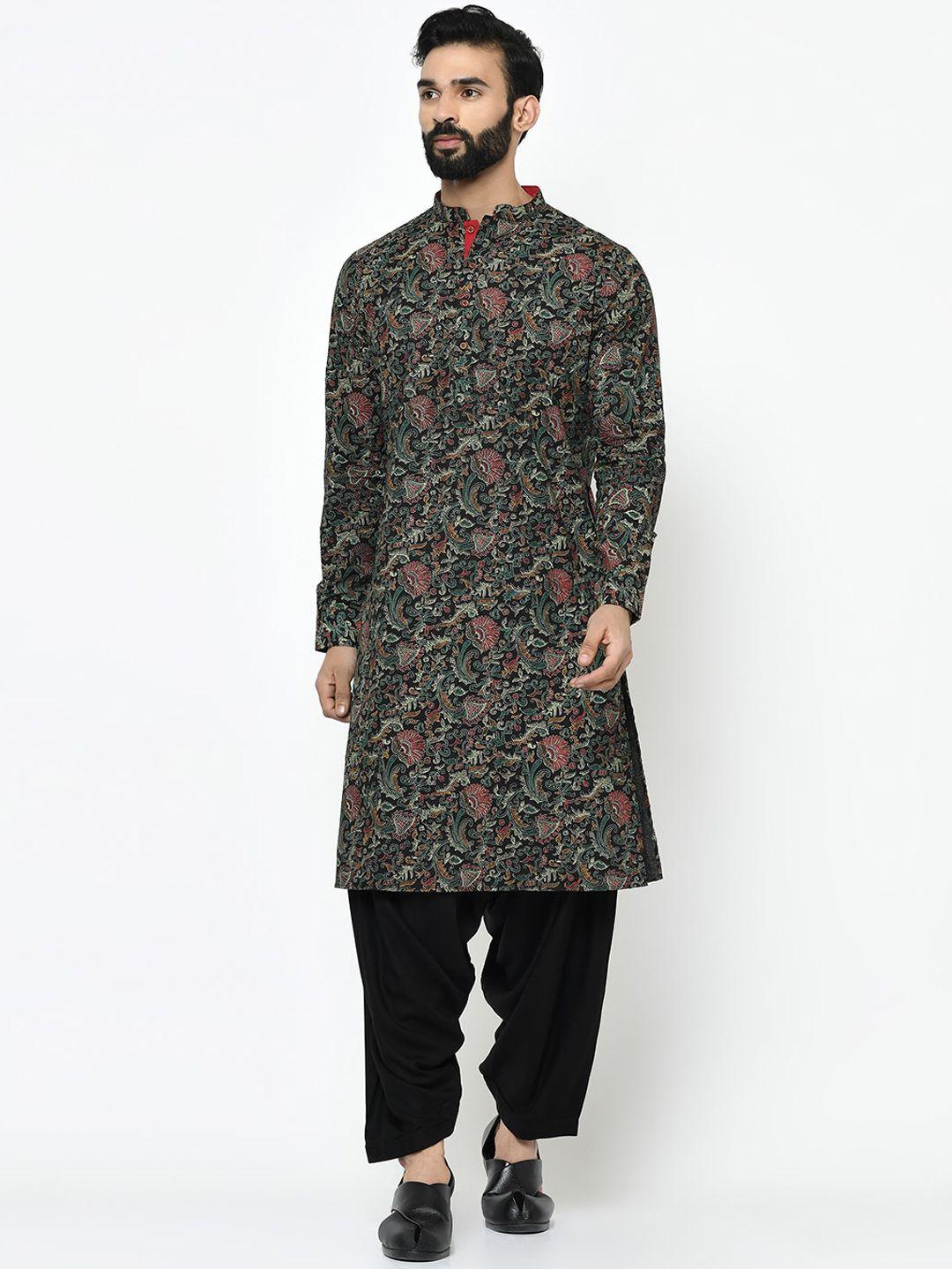 kisah men black & red floral printed straight kurta