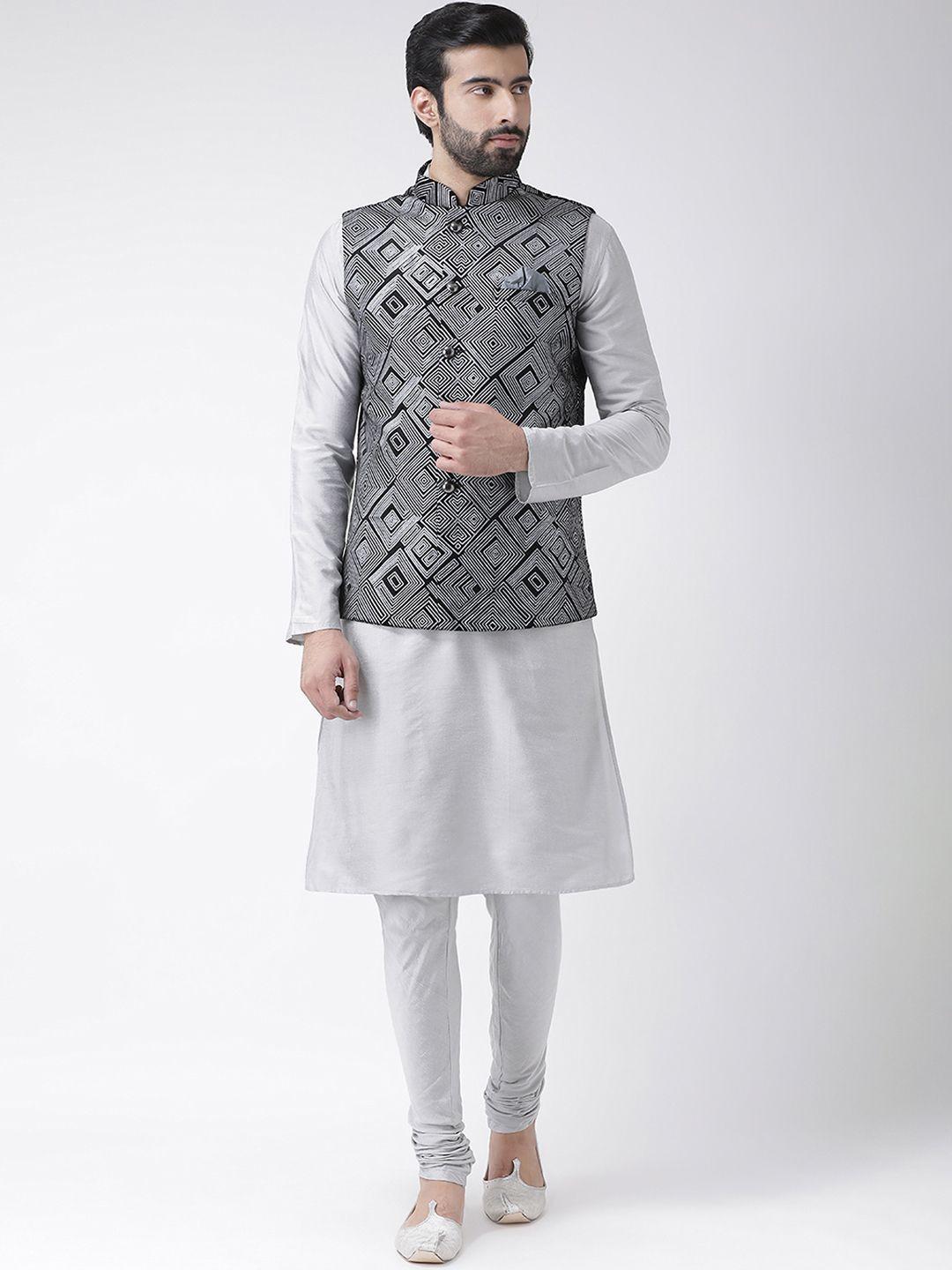 kisah men black & silver-coloured printed kurta with churidar & nehru jacket