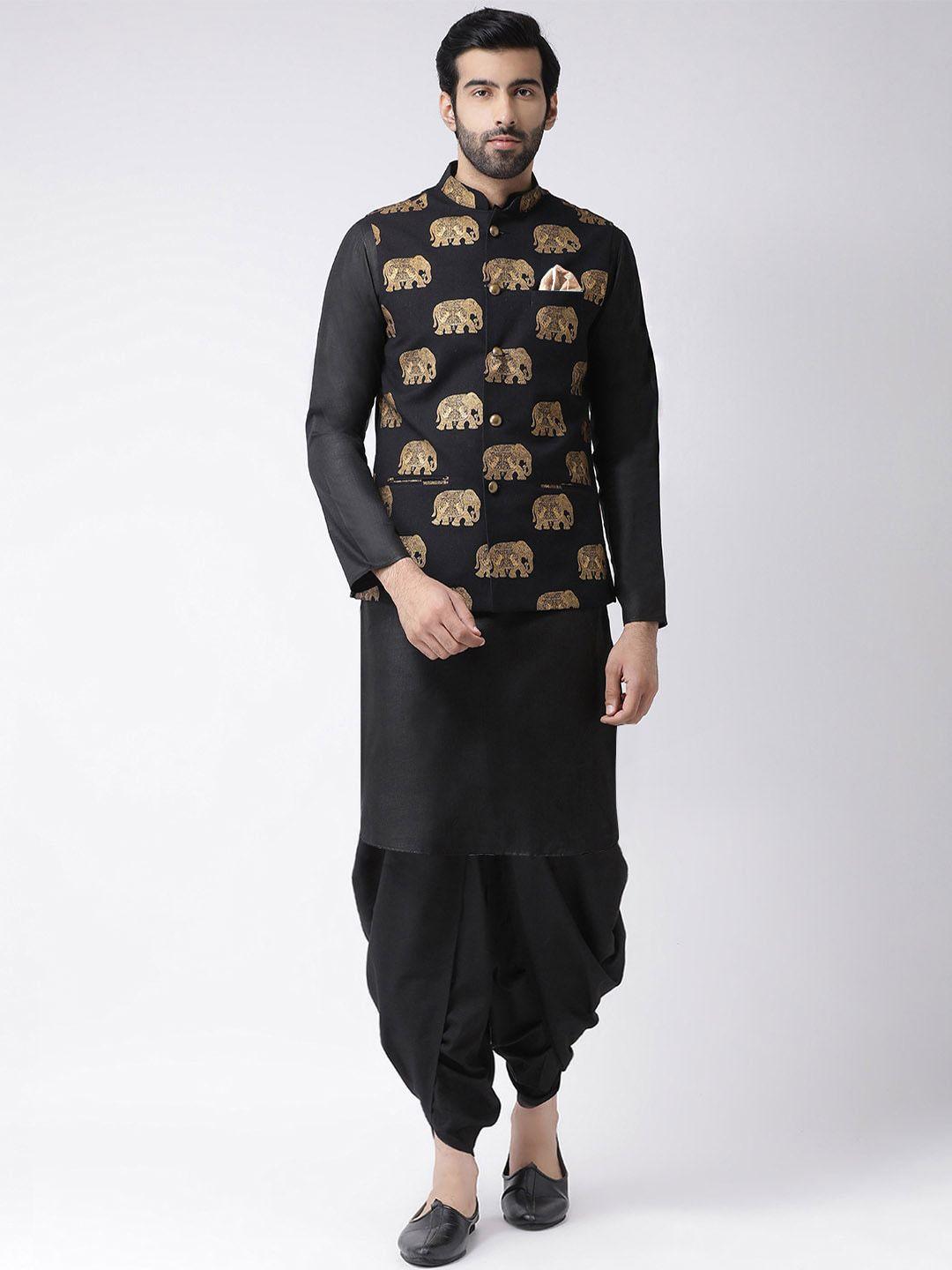 kisah men black ethnic motifs kurta with dhoti pants & jacket