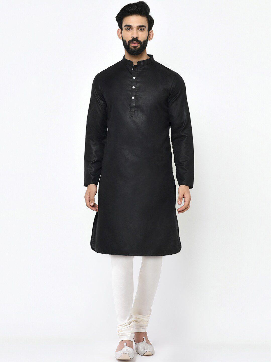 kisah men black solid kurta with churidar & printed nehru jacket