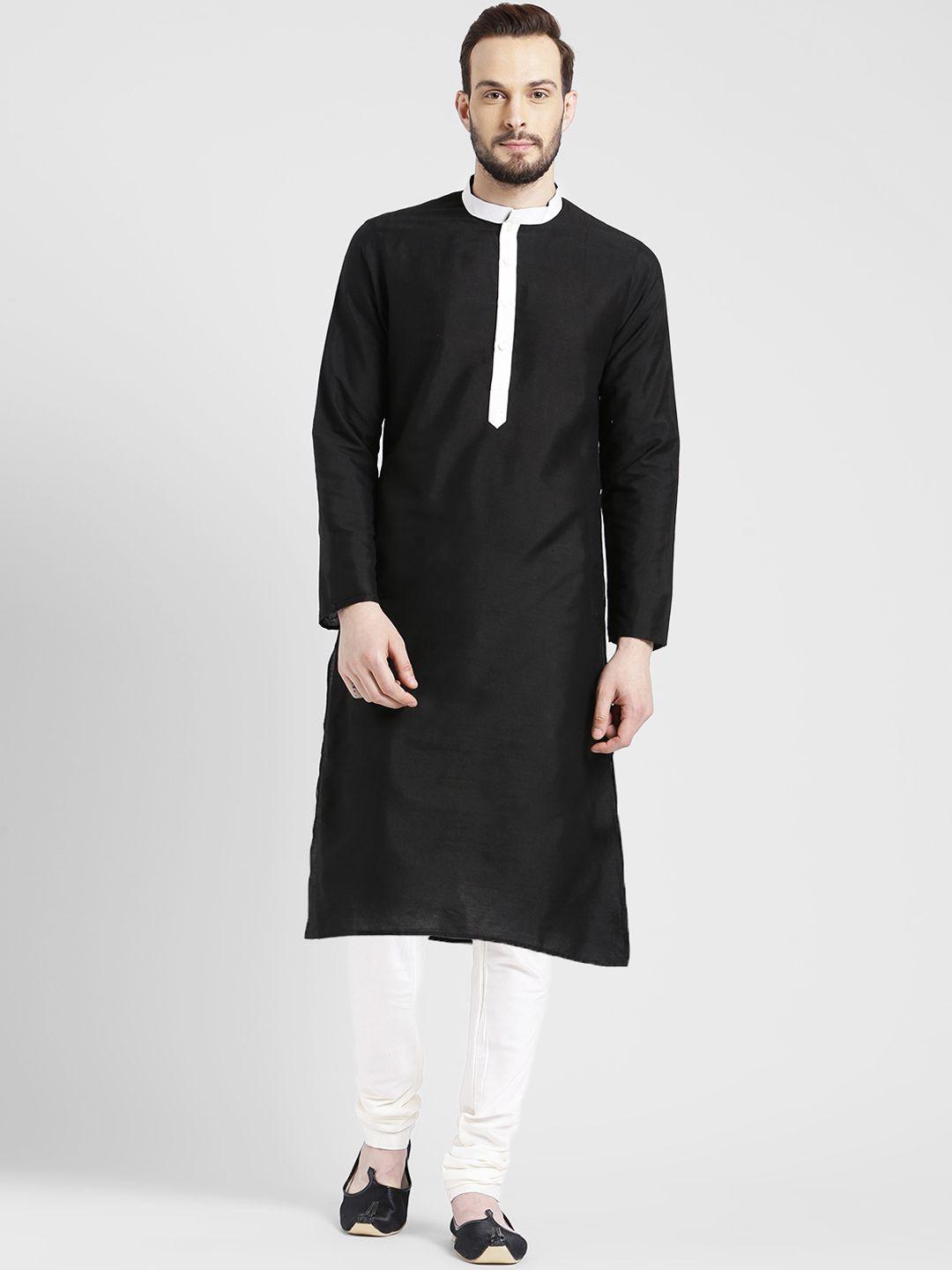 kisah men black solid straight kurta