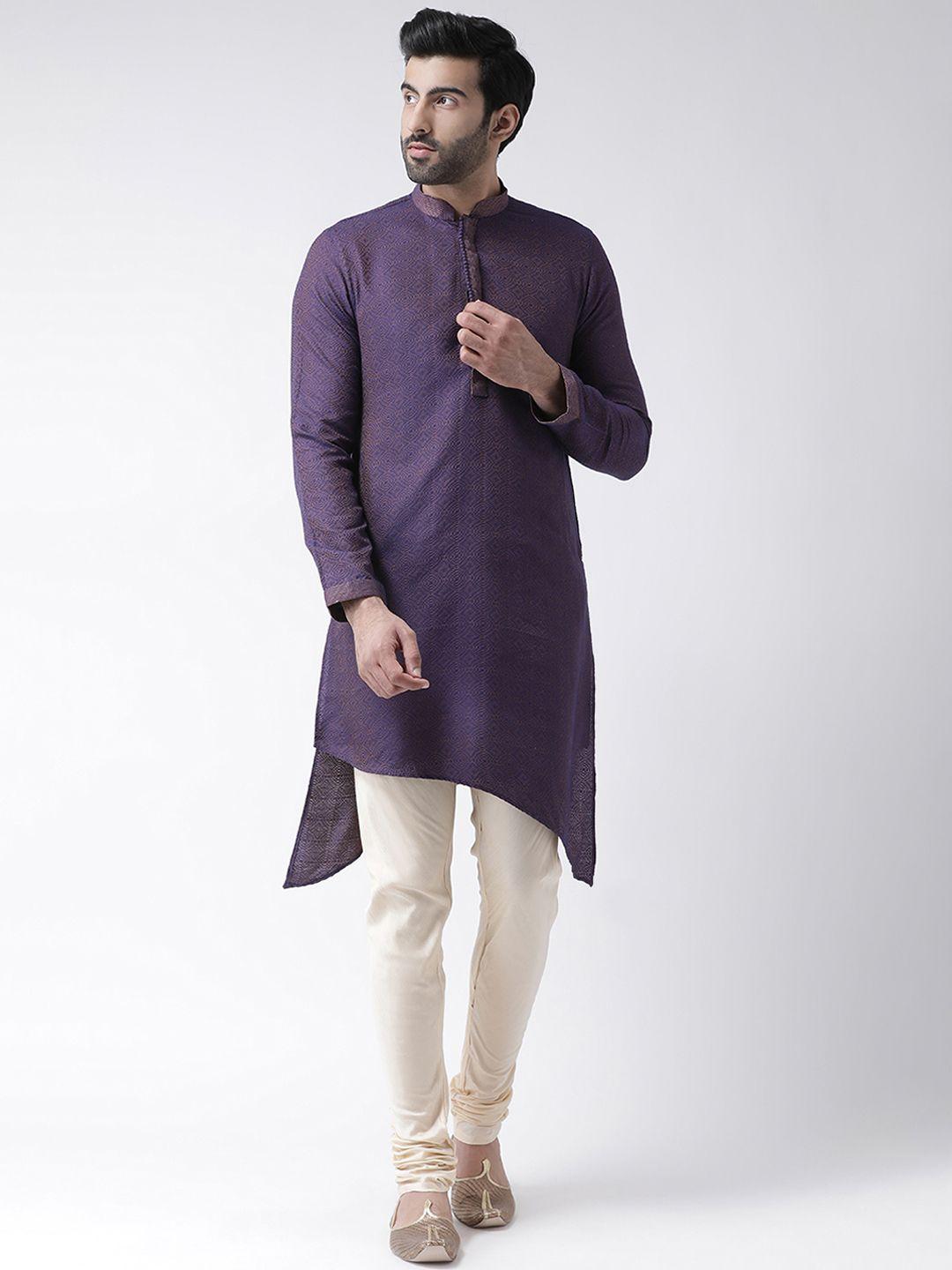 kisah men blue & cream-coloured solid jaquard woven kurta with churidar