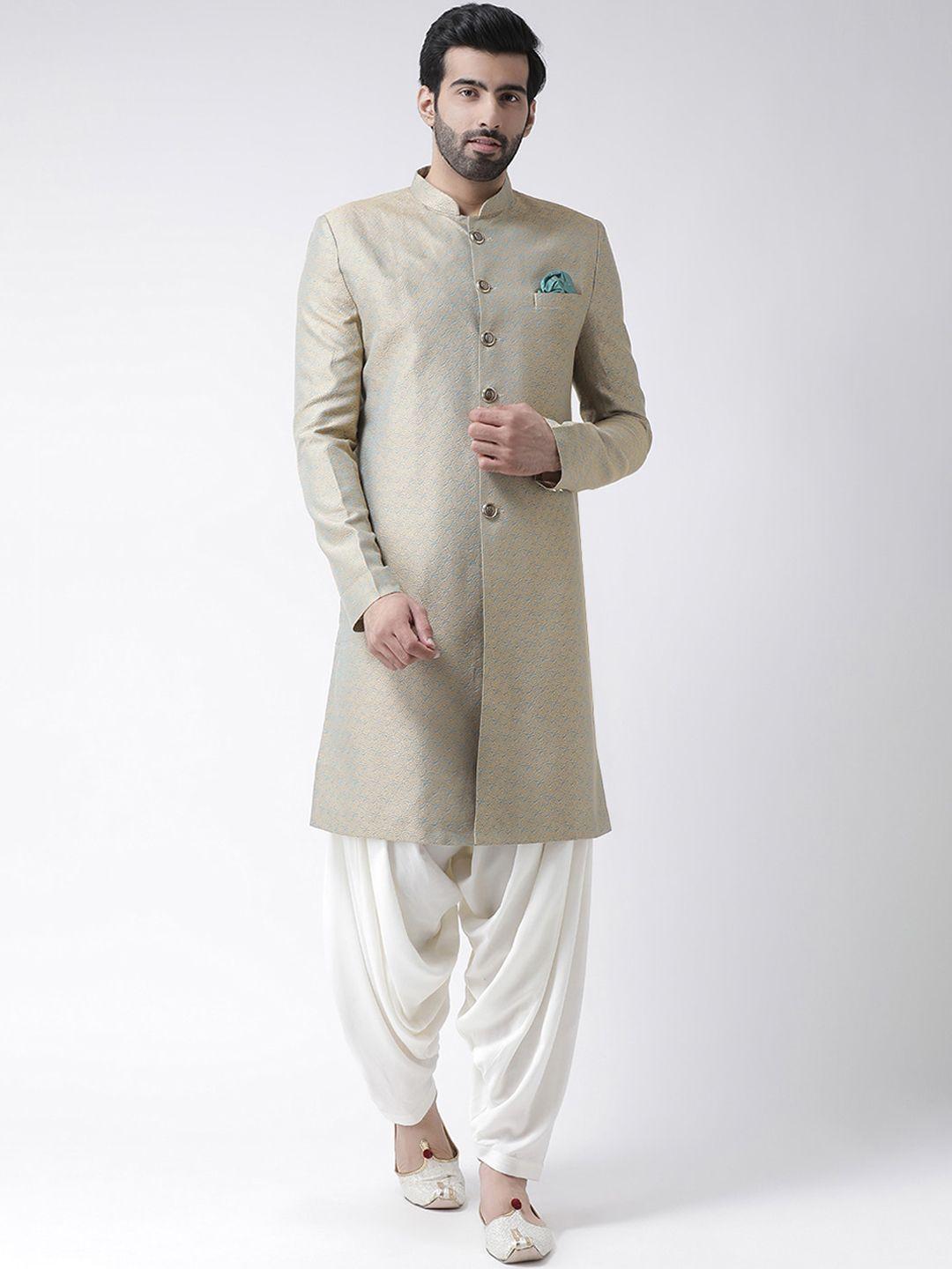 kisah men blue & gold ethnic motifs woven design cotton sherwani with patiala salwar