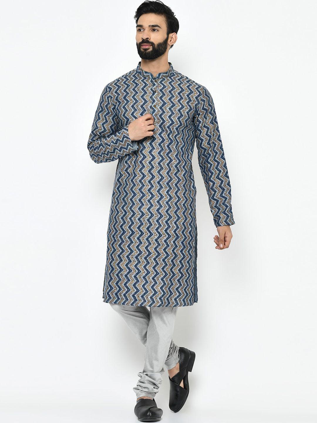 kisah men blue & grey chevron printed kurta