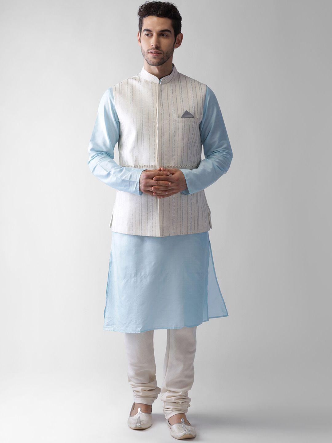 kisah men blue & white kurta with churidar & jacket