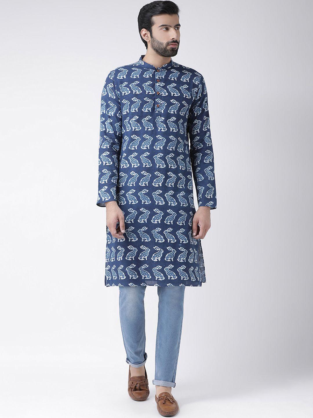 kisah men blue & white printed handloom straight kurta