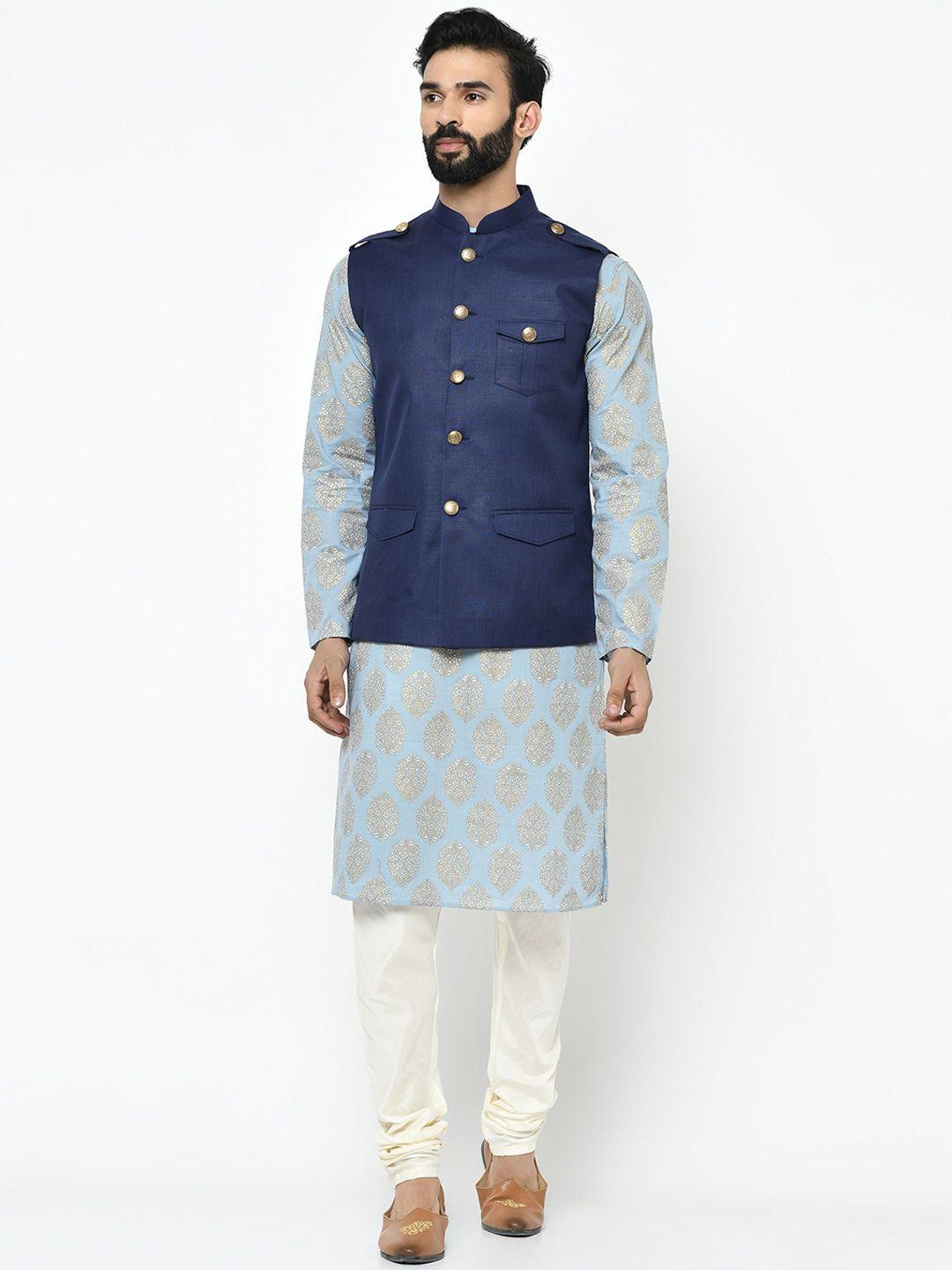 kisah men blue & white printed kurta set with jacket