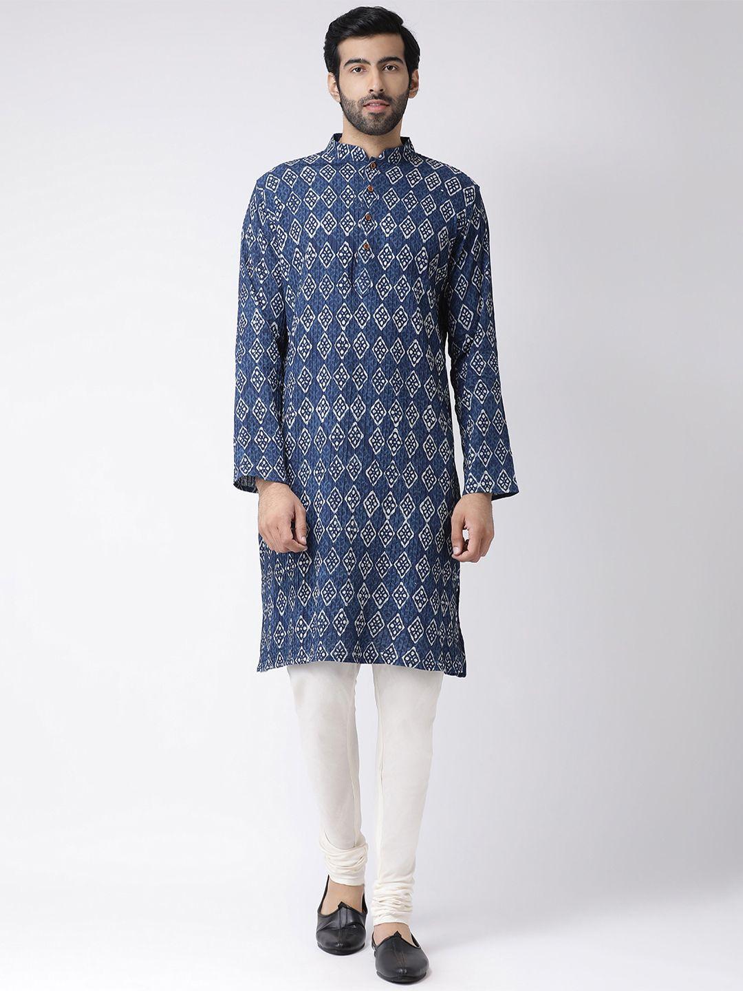 kisah men blue & white printed kurta with churidar