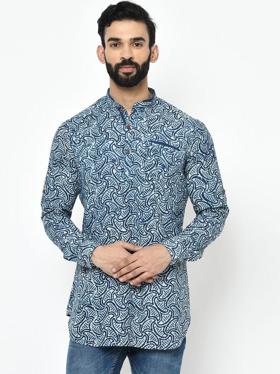 kisah men blue & white printed straight kurta