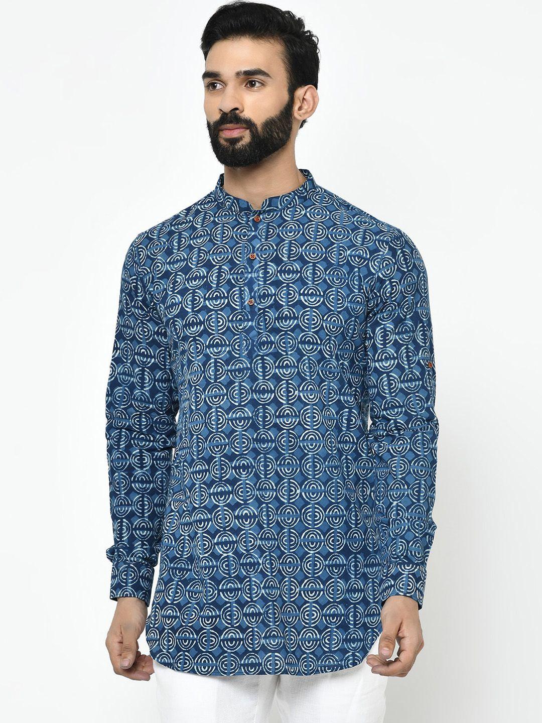 kisah men blue & white printed straight kurta