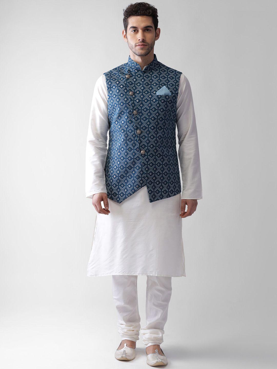 kisah men blue & white regular kurta with pyjamas & jacket