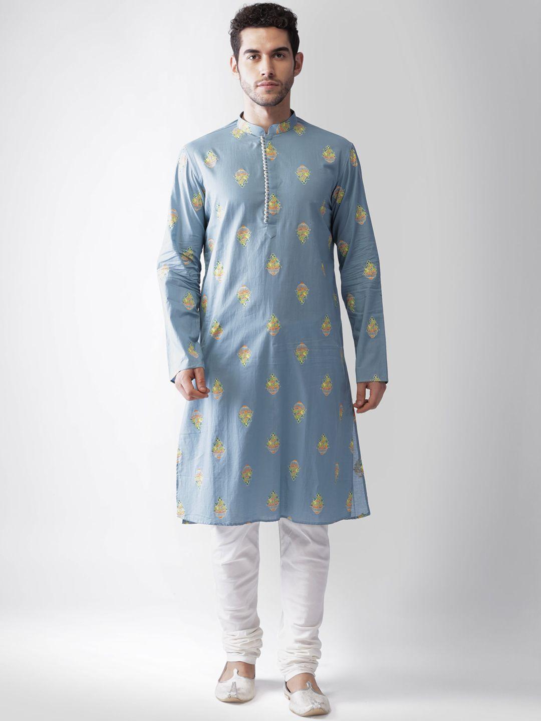 kisah men blue & yellow ethnic motifs embroidered cotton kurta