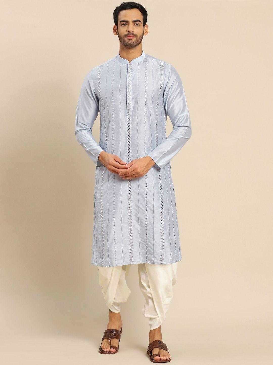 kisah men blue embroidered mirror work kurta with dhoti pants