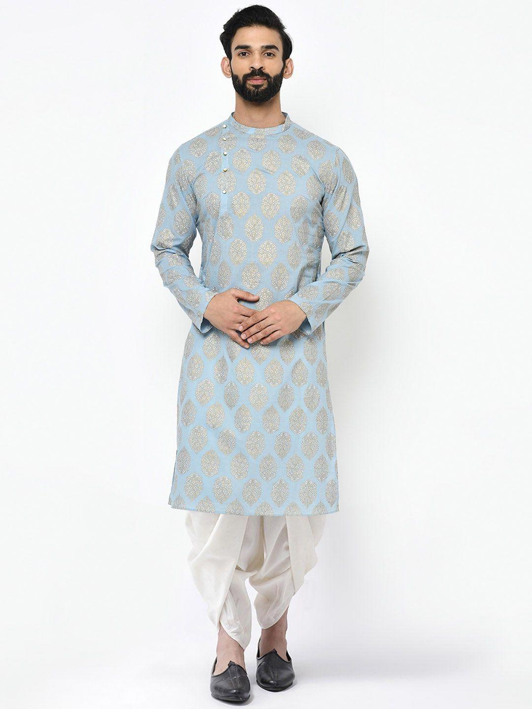 kisah men blue ethnic motifs embroidered angrakha kurta with salwar