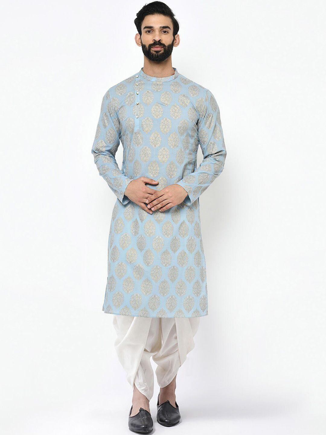 kisah men blue ethnic motifs printed angrakha kurta with dhoti pants