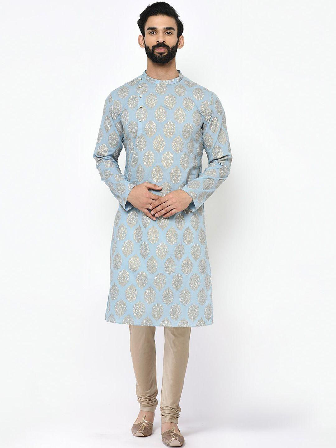 kisah men blue floral printed kurta with churidar