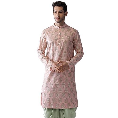 kisah men blushing peach woven design kurta full sleaves, knee length, straight, regular fit, mandarin collar ethnic wear