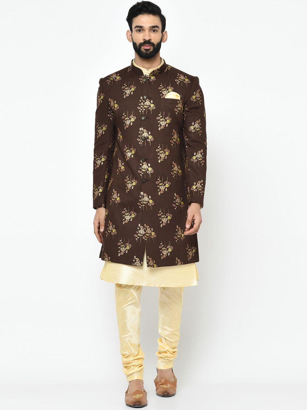 kisah men brown & beige printed cotton sherwani set