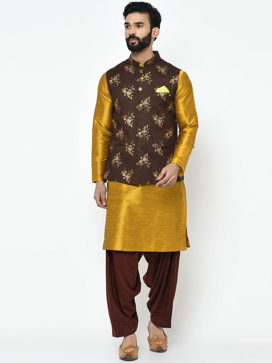 kisah men brown & gold-coloured solid kurta with pyjamas & nehru jacket