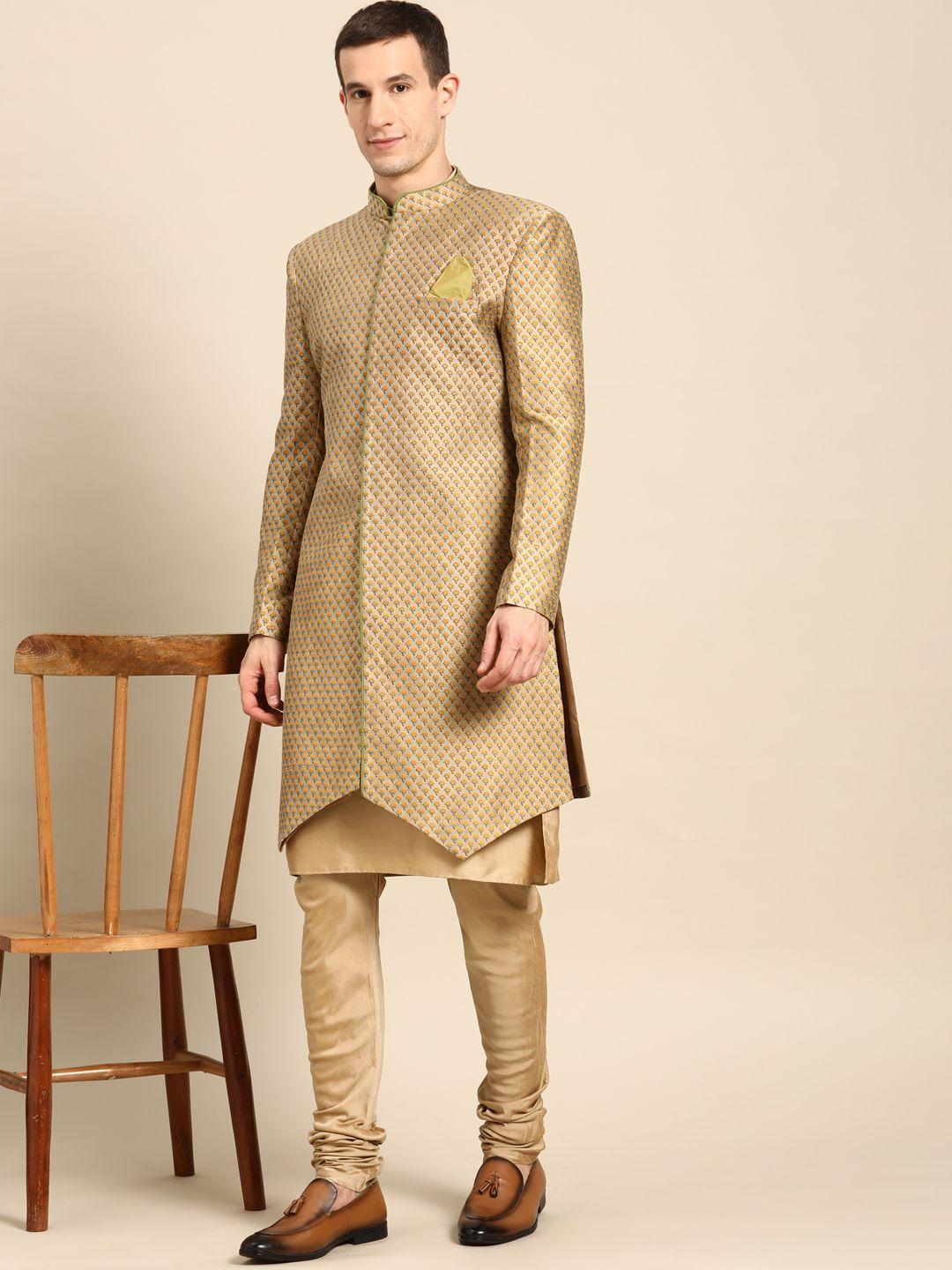 kisah men brown & golden printed kurta sherwani set