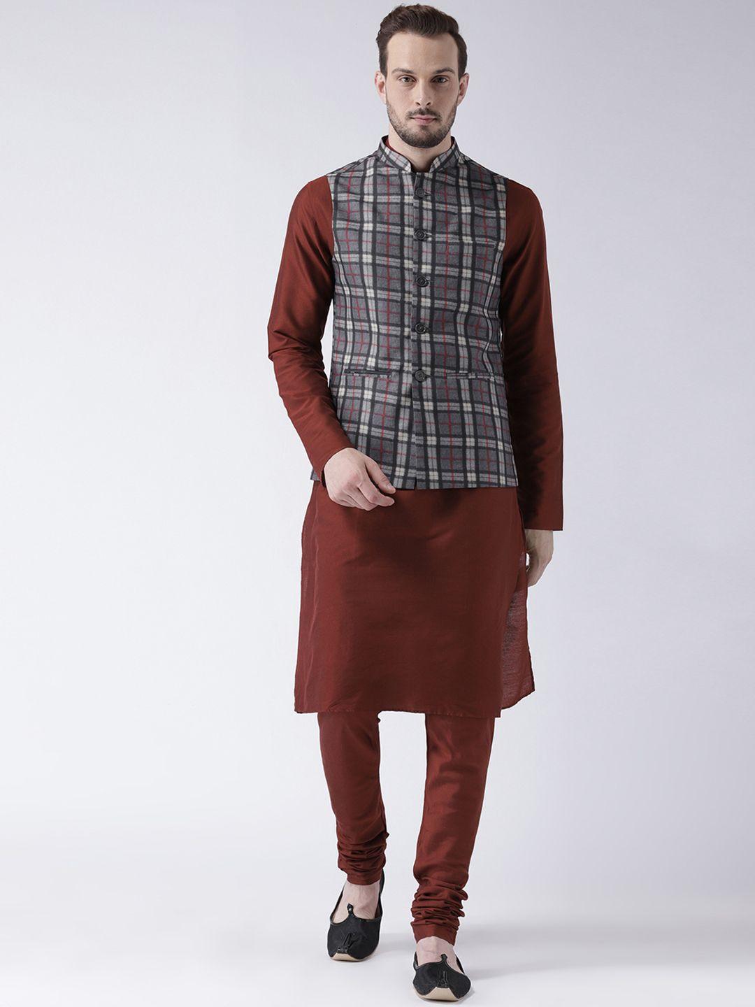 kisah men brown & grey melange solid churidar kurta with nehru jacket