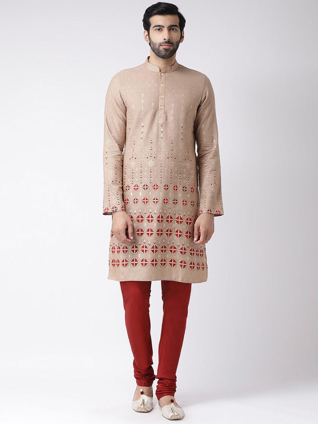 kisah men brown & maroon ethnic motifs printed kurta with churidar