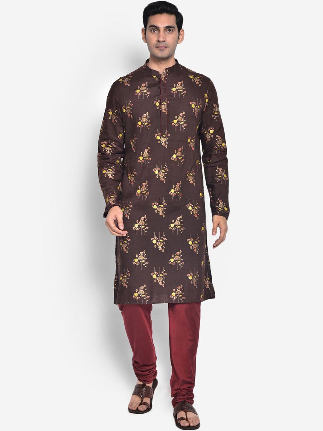 kisah men brown ethnic motifs printed kurta with churidar