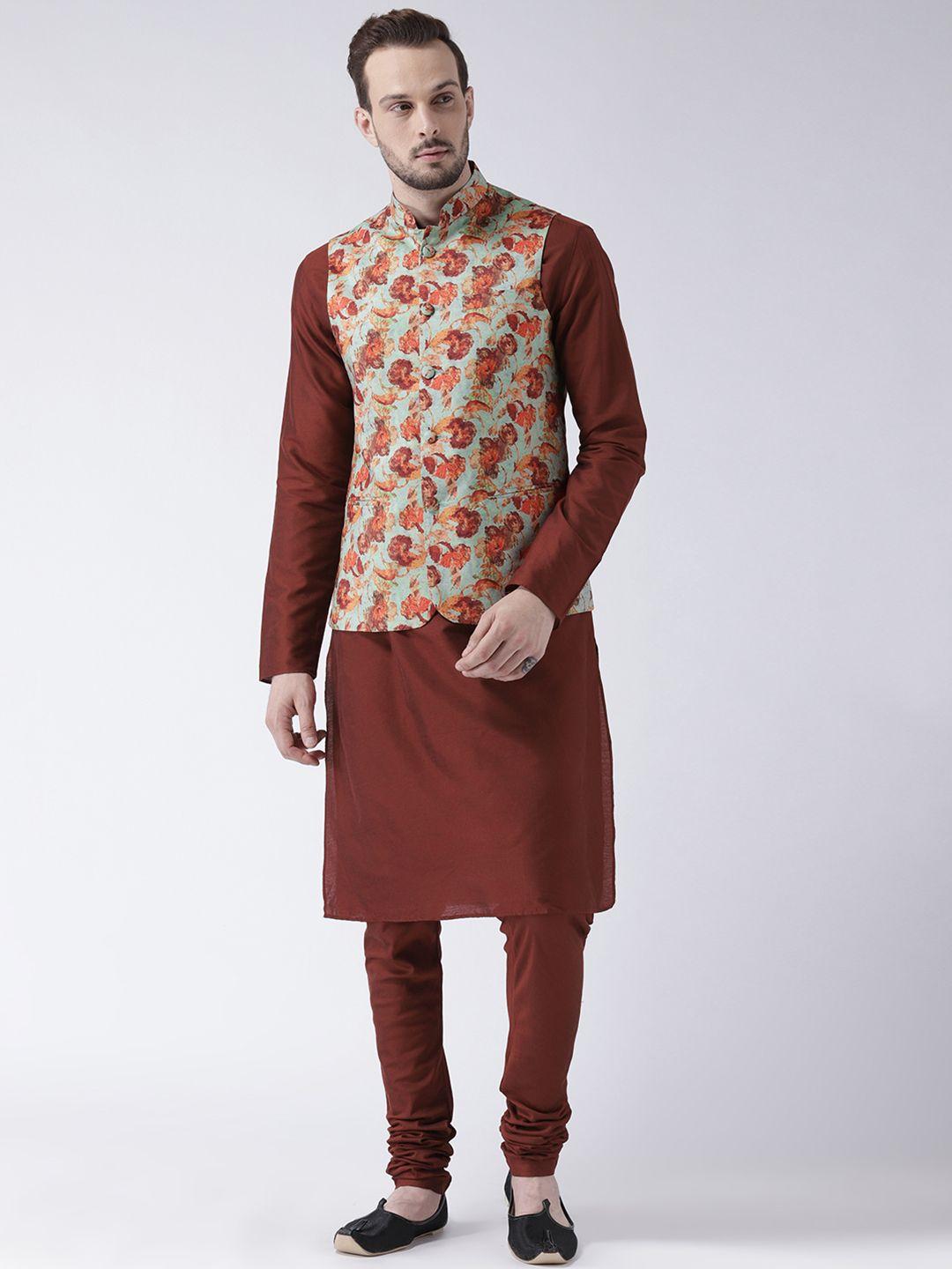 kisah men brown solid churidar kurta with nehru jacket