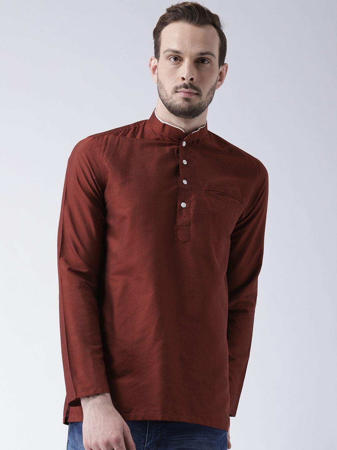 kisah men brown solid straight silk kurta