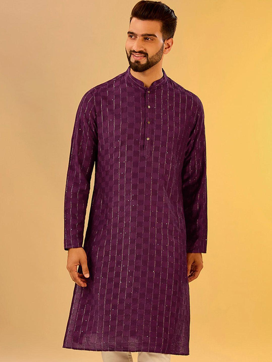 kisah men burgundy thread work kurta