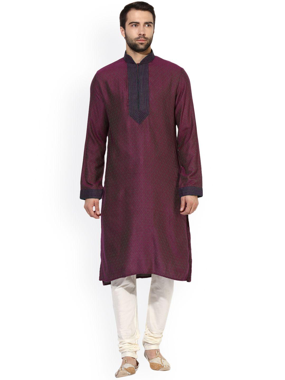 kisah men burgundy woven design a-line kurta