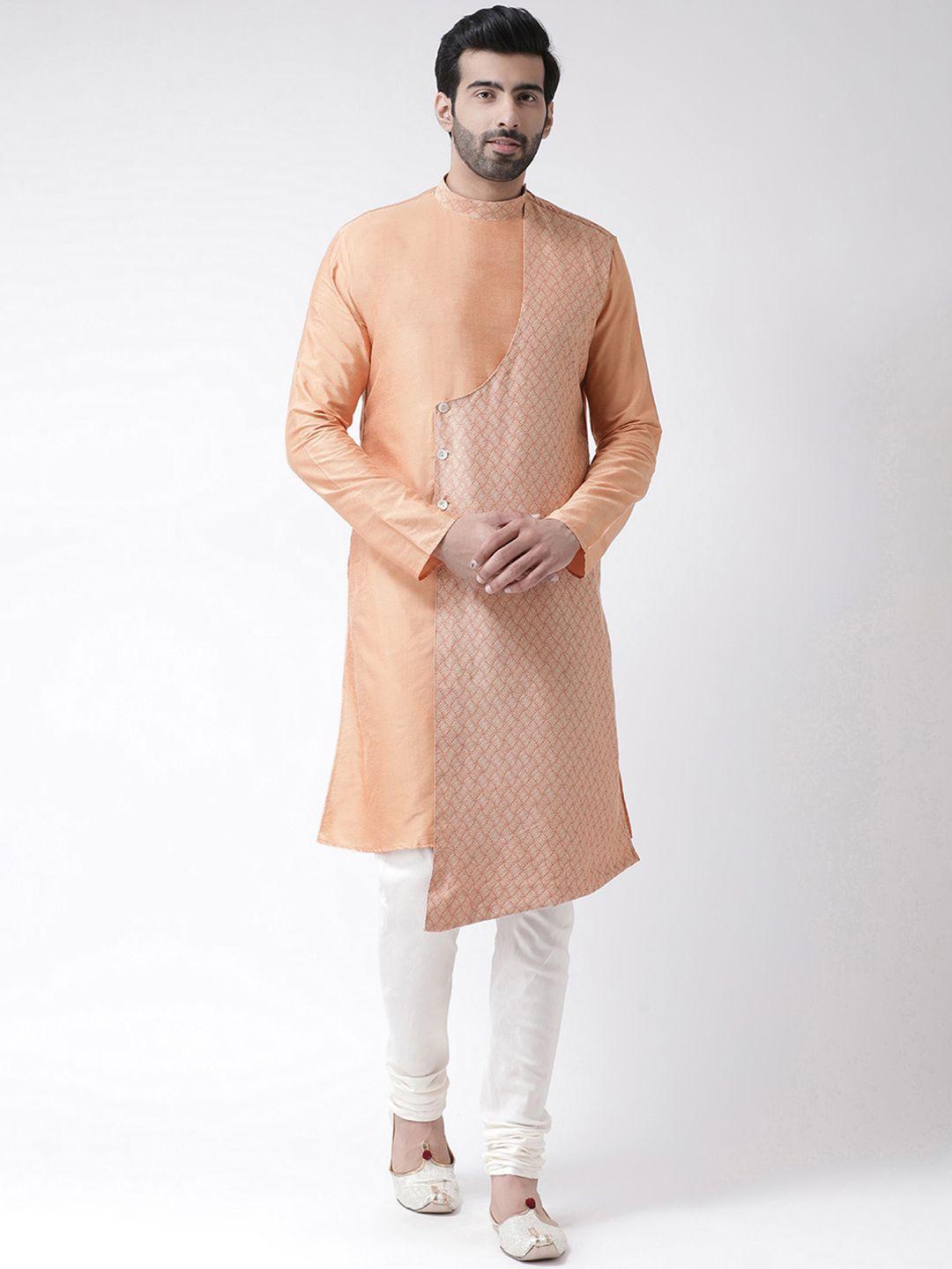 kisah men coral orange & white self design kurta with churidar