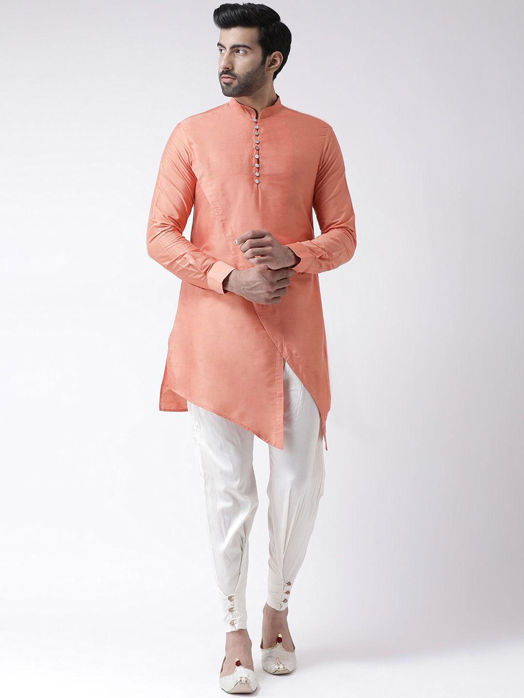 kisah men coral orange solid straight kurta