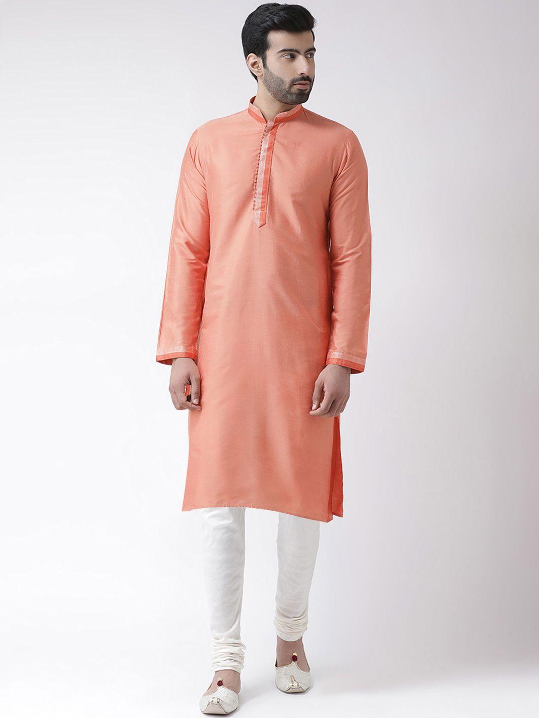 kisah men coral pink & white solid kurta with churidar