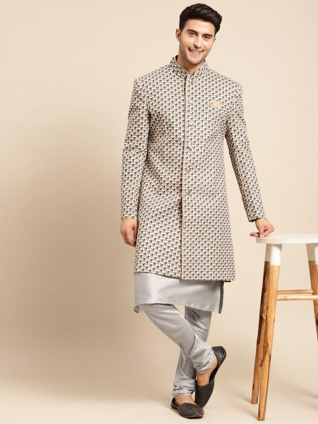 kisah men cream & silver-coloured printed sherwani set