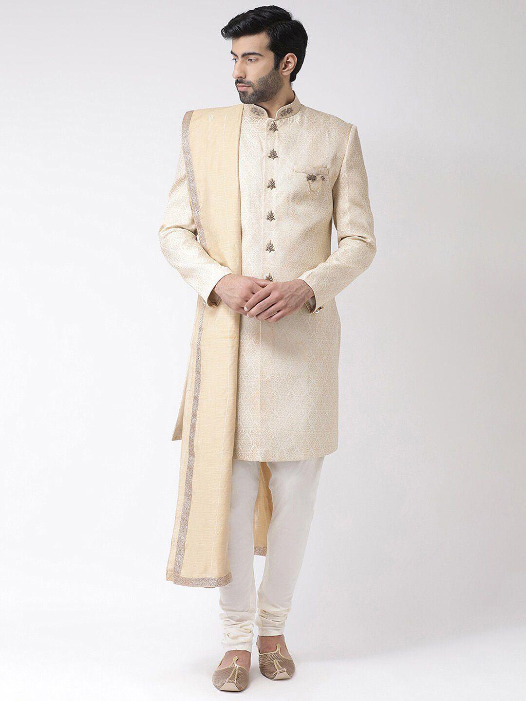 kisah men cream-colored woven design silk blend sherwani set