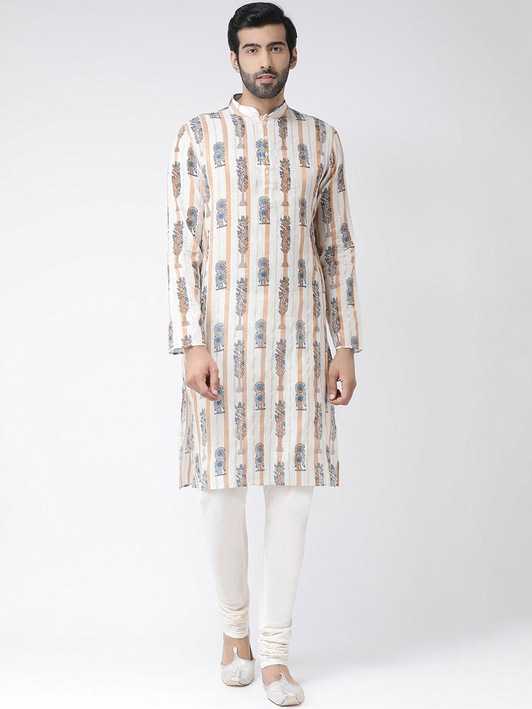 kisah men cream-coloured & beige block printed straight kurta