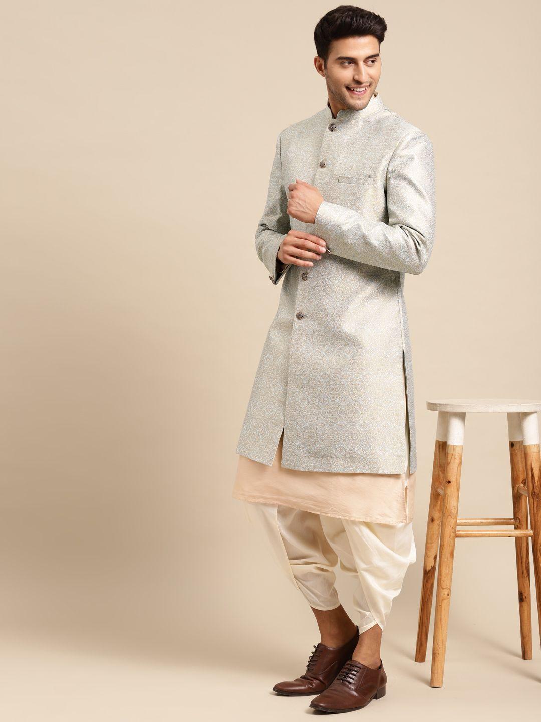 kisah men cream-coloured & grey printed cotton sherwani set