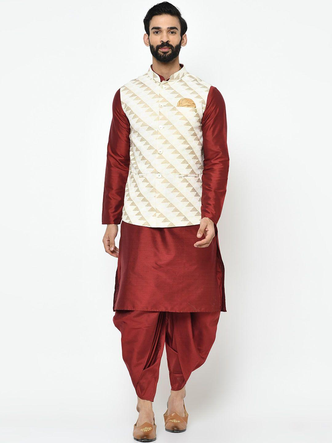 kisah men cream-coloured & maroon solid kurta with dhoti pants