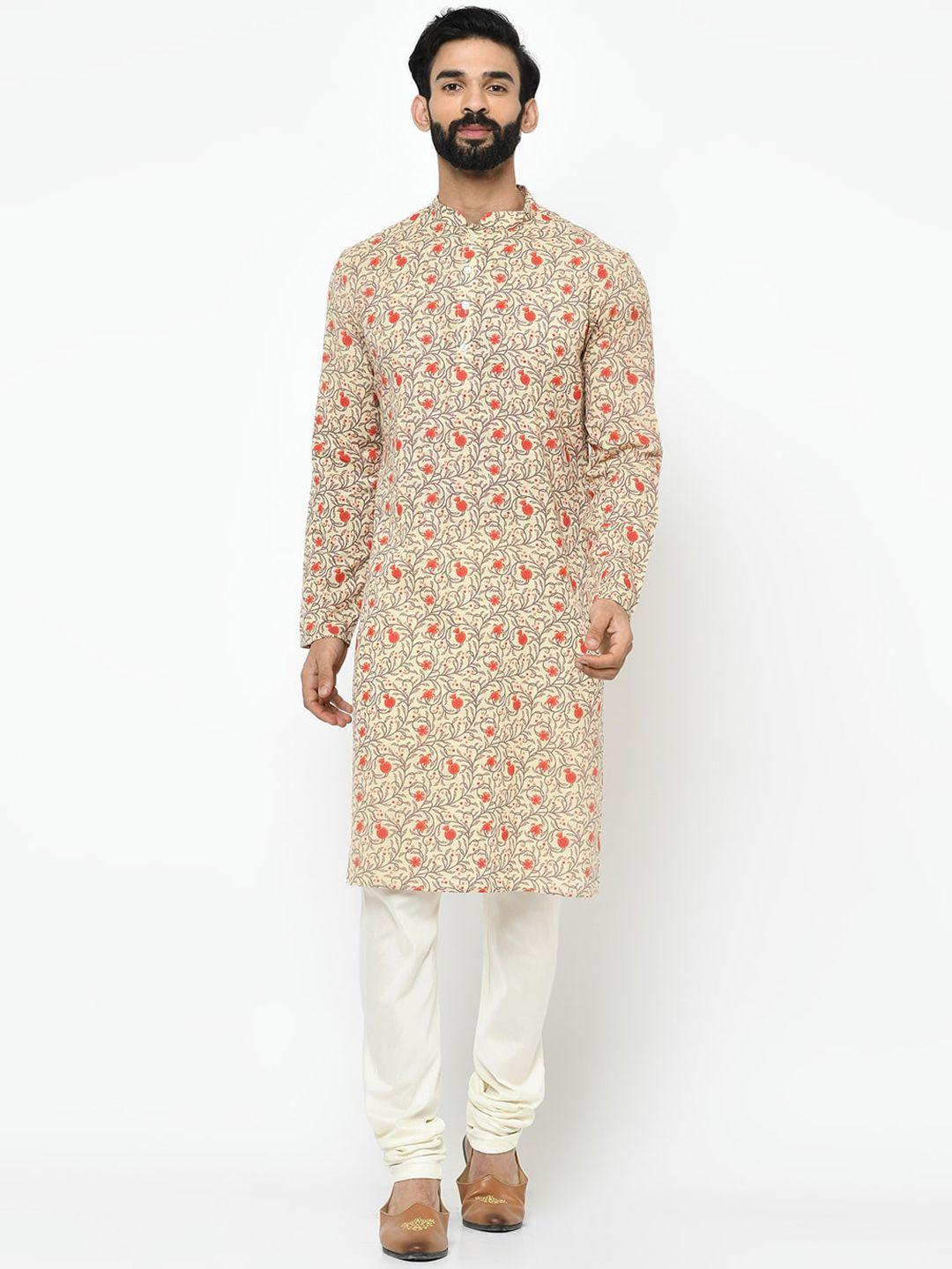 kisah men cream-coloured & orange printed straight kurta