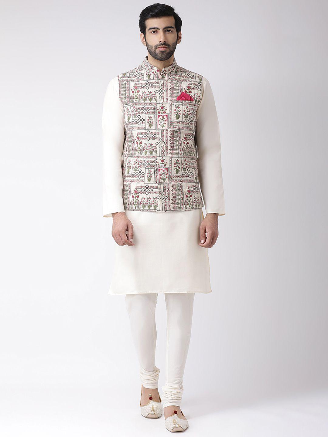 kisah men cream-coloured & pink printed kurta with churidar