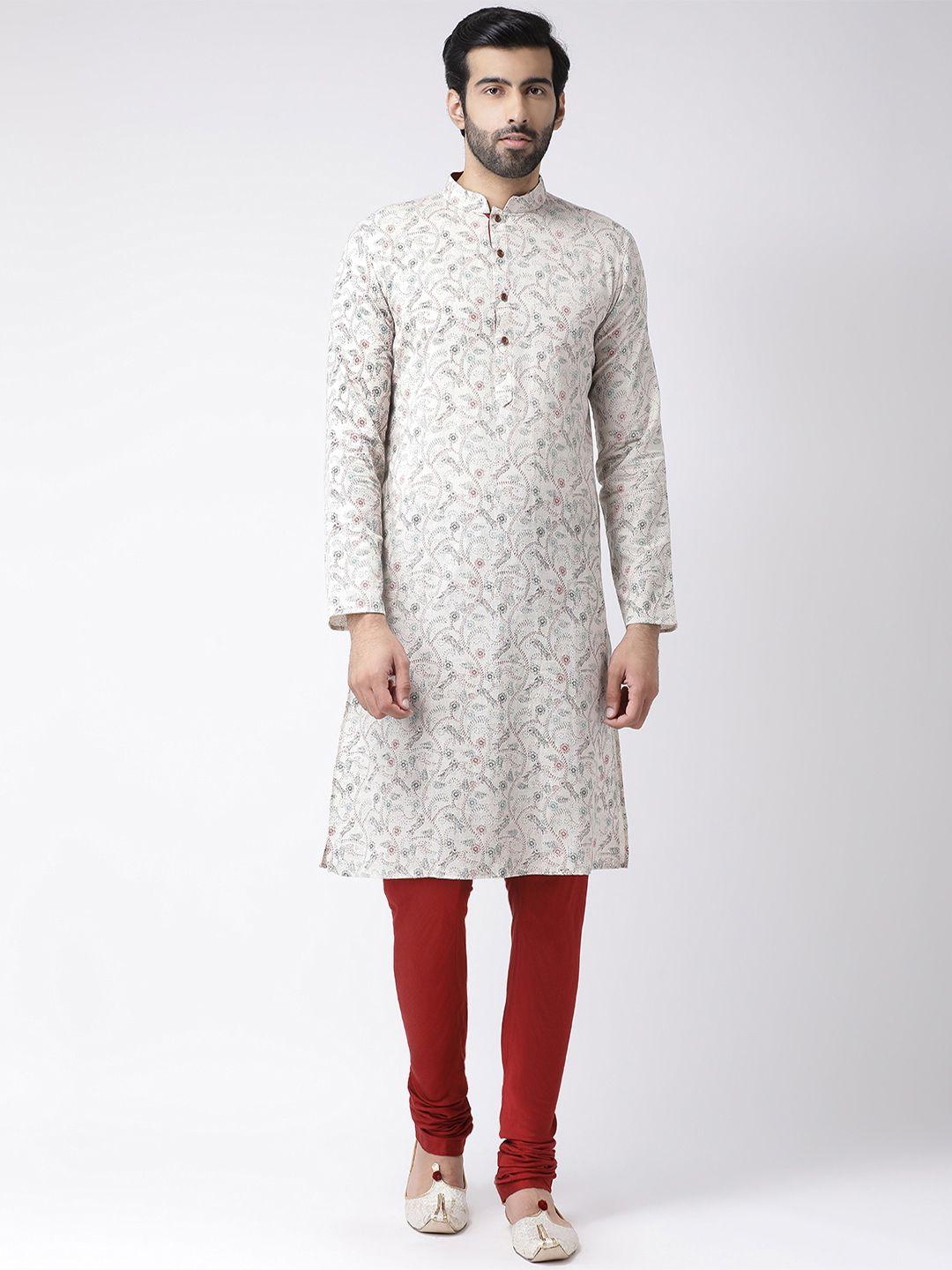 kisah men cream-coloured & red printed kurta with churidar