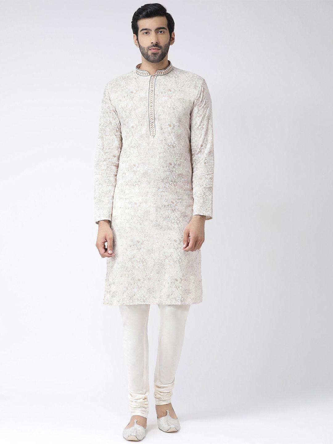 kisah men cream-coloured & white printed handloom kurta with churidar