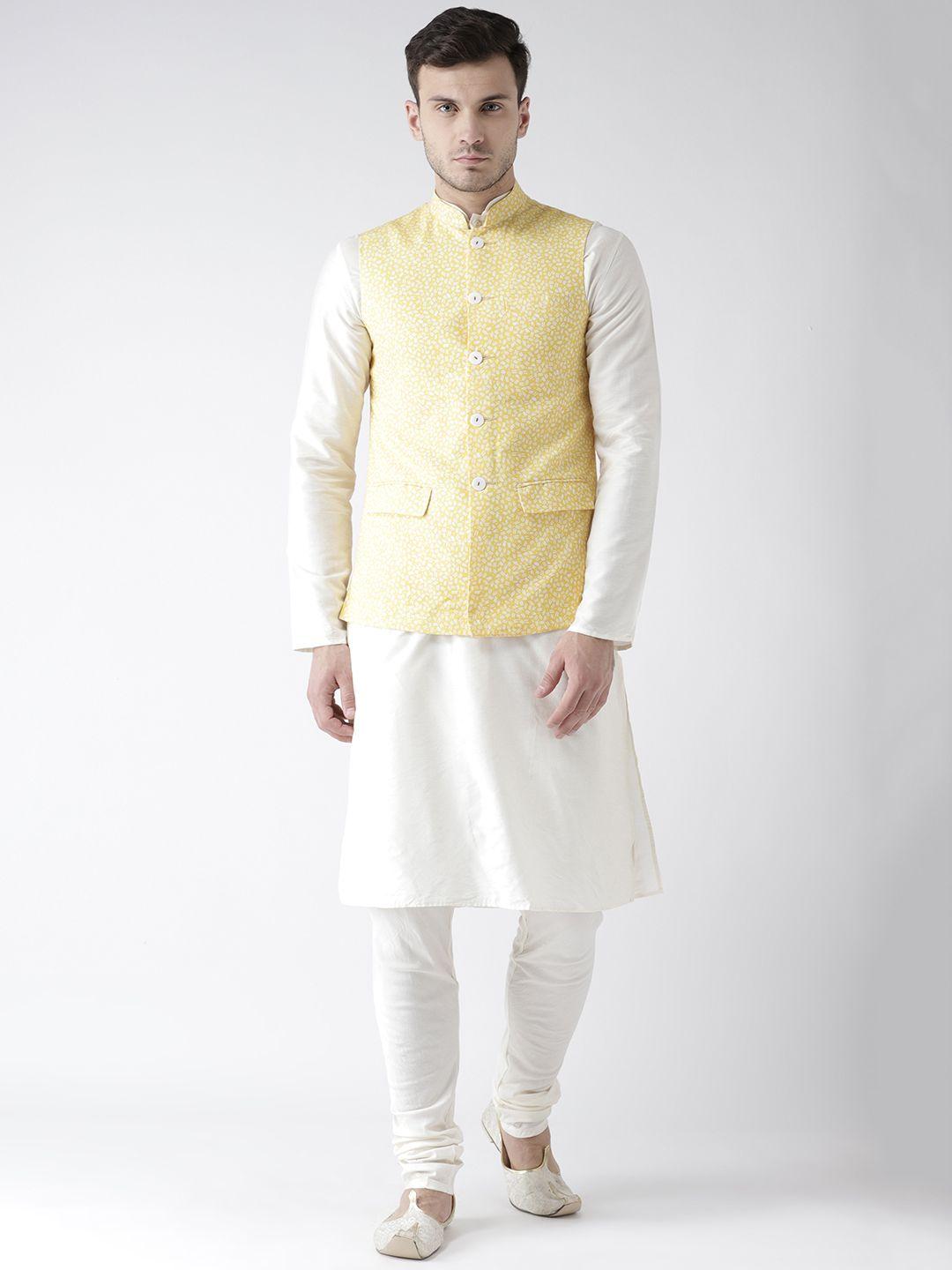 kisah men cream-coloured & yellow printed kurta with churidar & nehru jacket